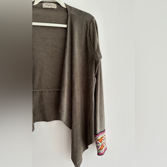 Kaui Suede Cardigan Jacket with Fabric Trim, Army Green/Multi, Size Large - Picture 4 of 15